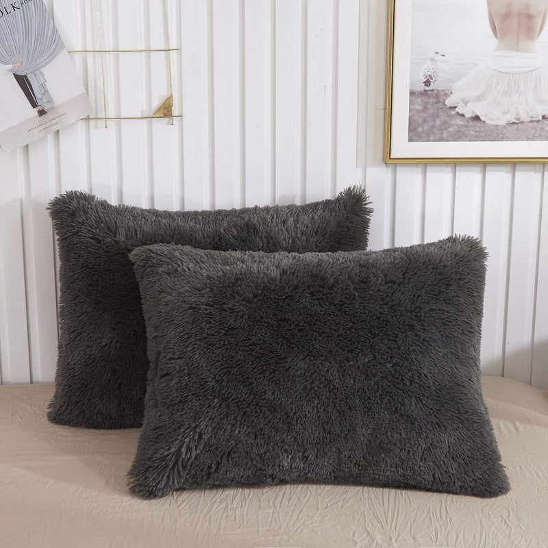 XeGe Faux Fur Throw Pillow Cases, Plush Shaggy Ultra Soft Pillow Covers, Fluffy Crystal Velvet Decorative Pillowcases, Furry Fuzzy Pillow Shams Zipper Closure, Set of 2(Standard, Dark Gray) - Image 1
